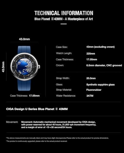 Image of CIGA Design Mechanical Automatic Watch Blue Planet U Series Stainless Steel /Titanium /Ceramics Case Sapphire Crystal Fluororubber /Ceramics Strap Watches Gifts for Men and Women