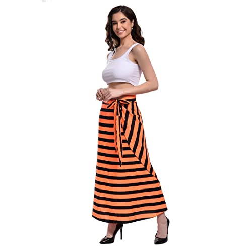 Image of Women's Long Wrap Around Maxi Skirt | Women Wear Long Skirt Color -Orange & Black Striped