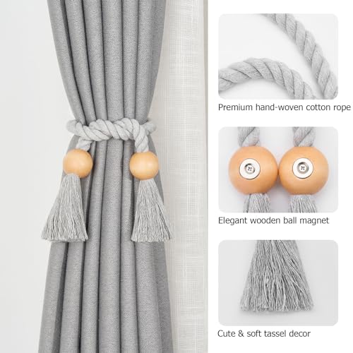 NICEEC 4 Pack Wooden Ball Magnetic Curtain Tiebacks Boho Home Decor Drape Tie Backs Natural Cotton Hand Woven Rope Curtain Holdbacks for Thin & Thick Home & Office Window Draperies (A-Light Grey)