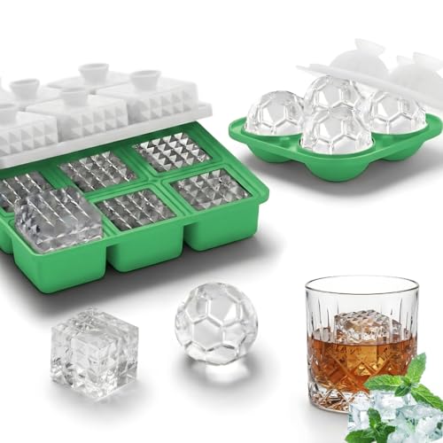 Image of Premium Combo of Large 3D Crystal Square Ice Cube Tray & Football Shaped Silicone Molds for Chilling Drinks, Chocolates, Juice, Jelly and Many More. Pack of 2 (Green)