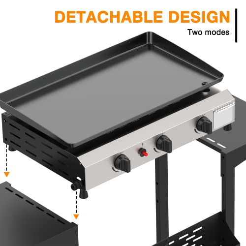 ADREAK 25.6 Inch 3 Burner BBQ Gas Grill Griddle, Stainless Steel Portable Detachable 30,000 BTU Table Top Propane Barbecue Grill with Side Table for Camping or Tailgating (Griddle & Shelf)
