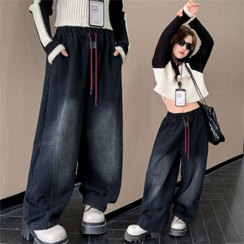 BILIKEYU Girls Jeans Drawstring Elastic Waist Baggy Wide Leg Denim Pants Loose Trousers with Pockets for Kids 42