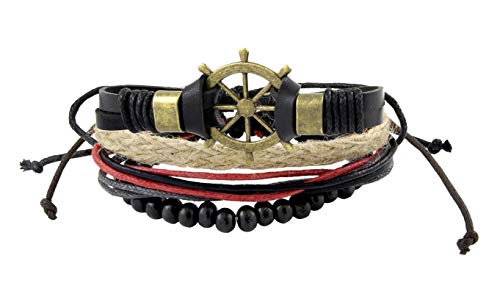 Image of ZIVOM Leather Handcrafted Wood Tibetan Vintage Thread Stackable Multi-strand Wrist Band Bracelet Combo Pack Of 2 Boys Men's