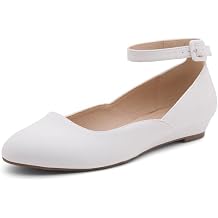 Shoe Land Flats for Women, Dressy Low Wedge Flats with Ankle Strap, Round Toe Comfortable Flat Shoes for Work and Office