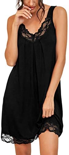 PrinStory Women's Loose Full Slips Lace Nightgown Chemise Sleepwear Cotton Jersey Nightdress US Large Black
