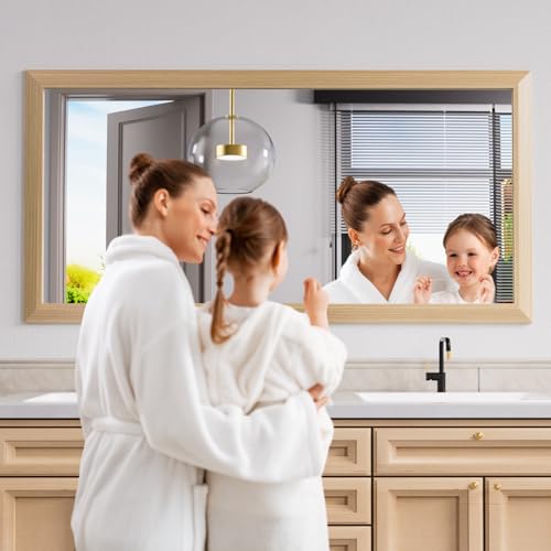 Amorho 60 X30 Inch Bathroom Mirror for Wall, Oak Wood Grain Metal Framed Mirror, Anti-Rust, Hang Horizontally/Vertically, Suitable for Bedroom, Farmhouse, Bathroom, Decorative