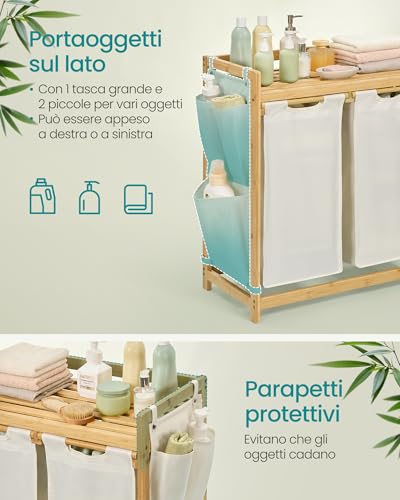 SONGMICS Cesto Portabiancheria a 2 Scomparti, Cesto Biancheria Sporca in Bambù 100 L, Porta Biancheria con Piano, Tasche Laterali, 2 x 50 L, 63 x 33 x 78 cm cm, Bianco Crema RLH100W01 - Immagine 3