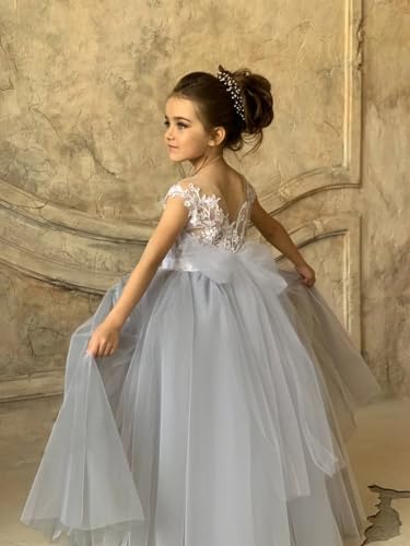 Lace Applique Tulle Flower Girl Dress for Wedding Sleeveless Long Satin Bow Knot V-Back Elegant Formal Dresses4