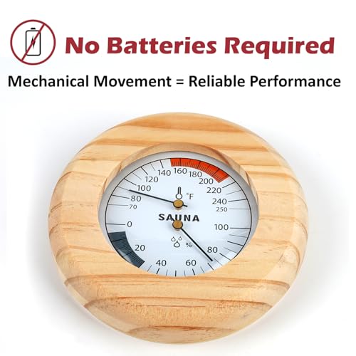 SPOROLWE Round Sauna Thermometer Hygrometer, Wooden Frame 2-in-1 Temperature and Humidity Gauge, 70-250°F Analog Dial Sauna Room Monitor, Easy-to-Read Wall Mounted Sauna Accessory for Home Spa Cabin - Thumbnail 3