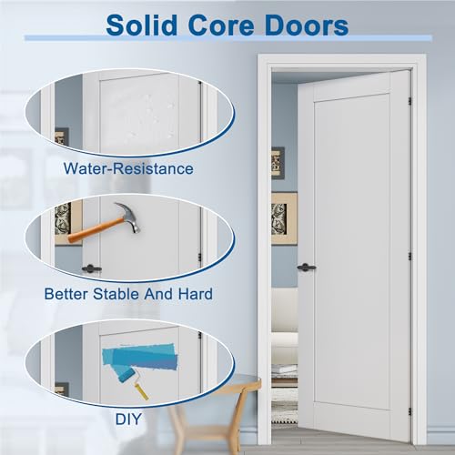 CRUTOP 36\" x 80\" Prehung Door White Primed Panel Slab Doors with Jamb Kit, Solid Core MDF Interior Door for Bathroom Pantry Laundry, Easy Assemble - Right Handed