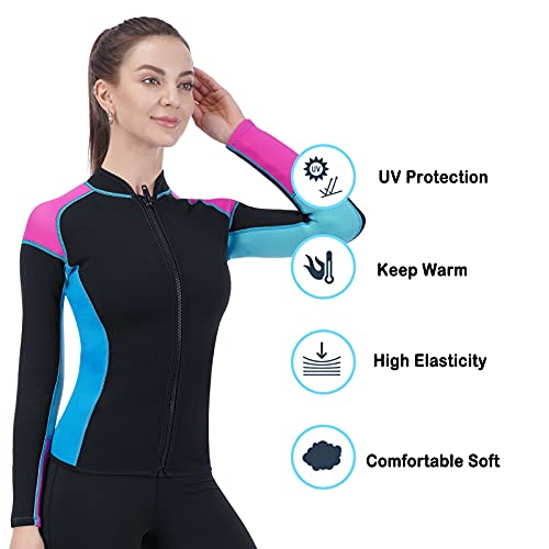 TBLUITE Women Wetsuit Top Swim Jacket Mens Youth Wet Suit Shirt 2mm Neoprene Thermal Swimsuit Front Zip Long Sleeve Cold Water Keep Warm Snorkeling Diving Surfing - Thumbnail 5