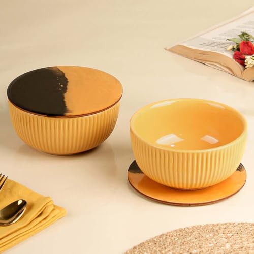 Image of The Earth Store Yellow Fringe Ceramic Bowl with Lid Set of 2, 550ML | Multipurpose Uses Coaster /Lid | Dishwasher & Microwave Safe Bowl | Ideal for Rice, Dal, Fruits, Salad, Snack, Mixing Bowl