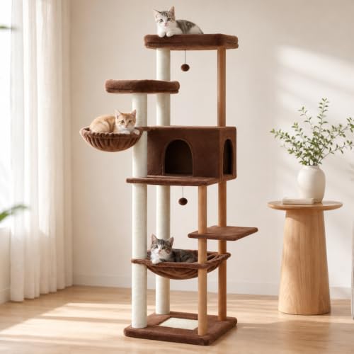 Image of 73 inch Tall Cat Tree for Large Cats, Wooden Cat Tower with Solid Posts | Wooden Cat Tree Tower with Fully Sisal Covered Scratching Posts, Cat Furniture with Spacious Perch and Cozy Condo, Brown