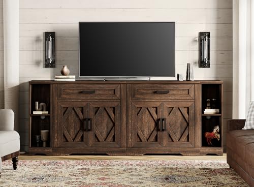 WAMPAT 82.7' W TV Stand for up to 95' TVs,Farmhouse Entertainment Center with Storage Barn Door Cabinet,TV Console Table with Media Cabinet and Drawers for Living Room,Bedroom,Dark Brown