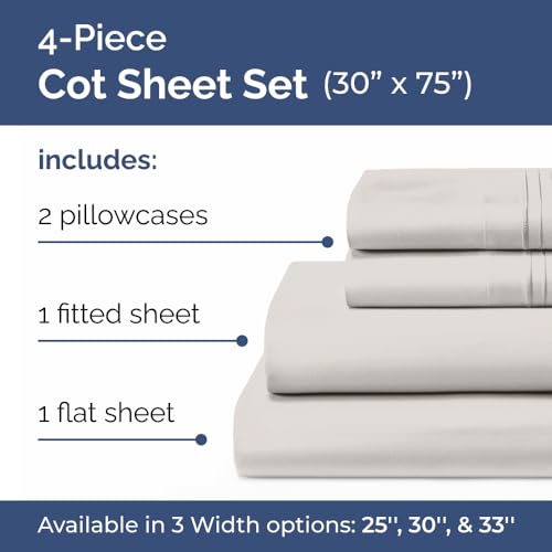 Image of Cot Sheet Set, 30 inch x 75 inch - Easy-Fit Cot Size Mattress Sheets - Light Grey | Ideal for Narrow Twin, Camper Bunk, RVs, Twin Bunks, Day Care & Camping Cots, Cot Size Fitted Sheet fits 6 inch to 10 inch Mattresses
