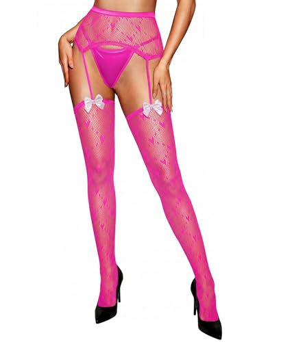 RSLOVE Fishnet Stockings for Women - Suspender Stocking Lace Tights Pink