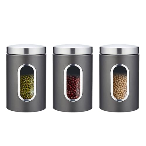 Canister Set of 3,Stainless Steel Kitchen Storage Boxes with Transparent Window Food Storage Organizer Jars for Sugar Tea Coffee Candy Farmhouse