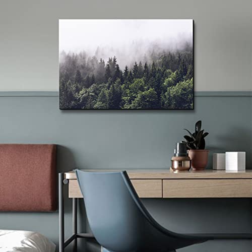 Image of Green Nature Foggy Forest Wall Art Misty Mountain Landscape Canvas Prints Picture Art Bedroom Decor 16x24 inch, Modern Pine Trees Scenery Painting Framed Artwork for Living Room Office Home Decoration