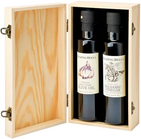 Blazing Bella Olive Oil and Balsamic Vinegar Gift Set – Traditional Aged Balsamic Vinegar & Garlic Infused Extra Virgin Olive Oil (2 x 250ml) – Gourmet Gift Set in Signature Wooden Box