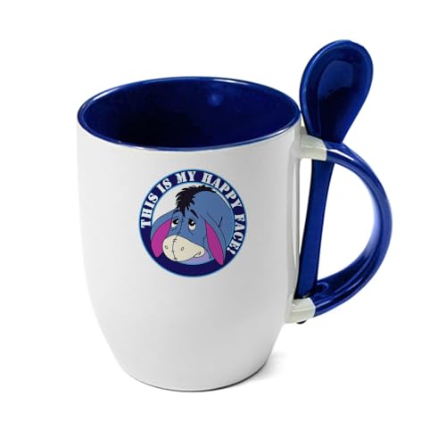 Giftme Cartoon Cute Eeyore Donkey, This is My Happy Face!, Unique Spoon Ceramic Mug. (Blue)