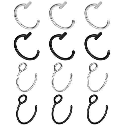 Psyqtsuary Fake Lip Ring, 12 Pcs Stainless Steel Fake Lip Piercing 8mm Faux Nose Rings Clip On Nose Ring Ear Cuffs Non Piercing Jewelry for Women Men (Silver, Black)