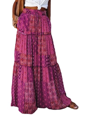 Women Boho Maxi Skirt Summer Tiered Ruffle Graphic Print Long Skirt Causal Vacation Skirt Vintage Skirt