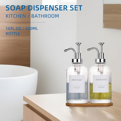 Image of Glass Soap Dispenser with Pump, Dish and Hand Soap Dispenser for Kitchen Bathroom Set, Clear Glass Dispenser Set of 2 Pack with 18 Stickers Funnel Bamboo Tray 500ml 18oz / Each Bottle Sliver Pump