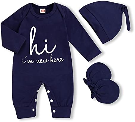 GRNSHTS Newborn Baby Boy Romper Coming Home Outfits Letter Print Bodysuit Jumpsuit+Hat+Gloves 3PCS Clothes Set (A-Navy Blue, Newborn)