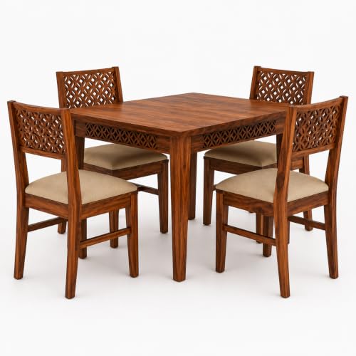 Image of Solid Sheesham Wood 4 Seater Dining Table Set for Home & Kitchen | Teak Finish Wooden Dining Set with 4 Cushioned Chairs | Table Size 45 x 30 x 29 Inches | Chair Size 17 x 17 x 35 Inches