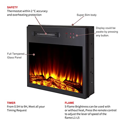 Mocifi 23 Inch Built-In Electric Fireplace Insert Heater, Recessed Freestanding Fireplace, Remote Control, Touch Screen, Adjustable Flame Brightness Speed, Low Noise, 1500W, Black #TOP1