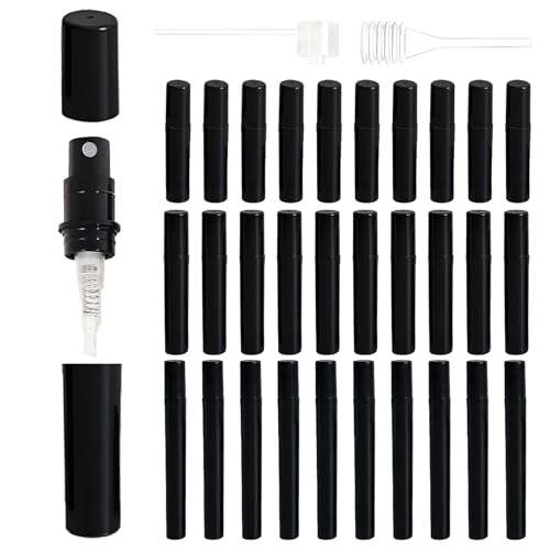 Juego de 30 atomizadores de perfume rellenables, de plástico, 2/3/5 ml, pulverizador de perfume con gotero de resorte y separador de perfume, atomizador negro con etiquetas de colores