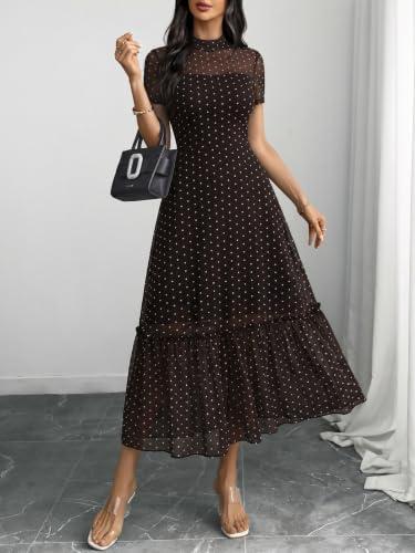 Image of GothDark Women's Summer Floral Mesh Ruffle Dress Short Sleeve Round Neck Waist Cinched Casual Maxi Wedding Guest Dresses