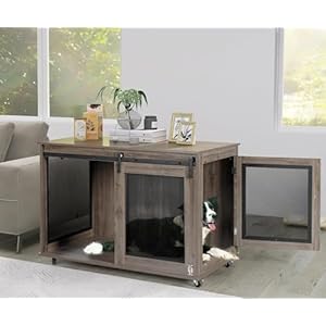 LINLUX 40 Inch Dog Crate Furniture, Wooden Heavy Duty Dog Kennel Indoor, Decorative Dog Cage Table for Large Medium Dogs, with Sliding Doors, Wheels and Flip-top Plate LINLUX 40 Inch Dog Crate Furniture Wooden Heavy Duty Dog Kennel Indoor Decorative Dog Cage Table for Large Medium Dogs with Sliding Doors Wheels and Flip top Plate