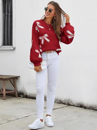 Image of Libsorge Womens Oversized Cute Bows Crewneck Cozy Pullover Sweater | Fall Winter Trendy Long Shoulder Balloon Sleeve Knit Baggy Printed Dressy Casual Valentines Day Vintage Sweaters
