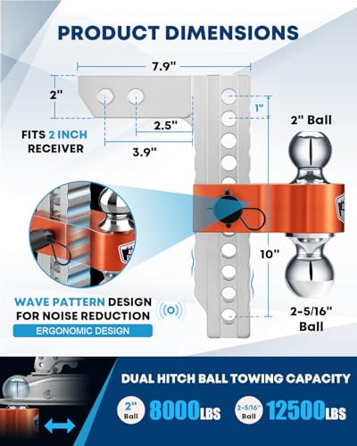 Image of Kohree Adjustable Trailer Hitch Fit 2 Inch Receiver, Dual Solid Ball 2 inch and 2-5 /16 inch(12,500 LBS GTW), 10 inch Drop & Rise Heavy Duty Aluminum Tow Hitch with 4 Silencer Pads & 2 Locking Hitch Pin, Orange