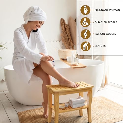 Bamboo Shower Bench & Stool Waterproof - Wood Shower Bench with Storage Shelf for Inside Shower(Classic Natural) - Thumbnail 4