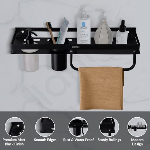 Image of Plantex 4in1 Bathroom Shelf for Wall /Stainless Steel Multifunctional Rack for Bathroom with Tumbler Holder /Liquid Soap Dispenser /Napkin Holder /Bathroom Accessories Set (Matt Black)