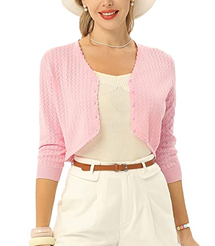 Image of Womens Summer 3 /4 Sleeve Bolero Shrug for Dress Open Front Scalloped Knit Cropped Cardigan Sweater Lightweight