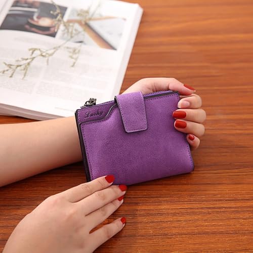 Women's Wallets PU Folding Short Small Wallets Card Bag Credit Card Holder Women(Purple)4