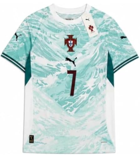 Image of Puma Portugal Ronaldo #7 Away Fan Jersey Mint Green | Moisture Wicking, Lightweight viscose Rayan, Ribbed Cuff Sleeves, Contrast Side Panel, Round Neck Comfort Fit