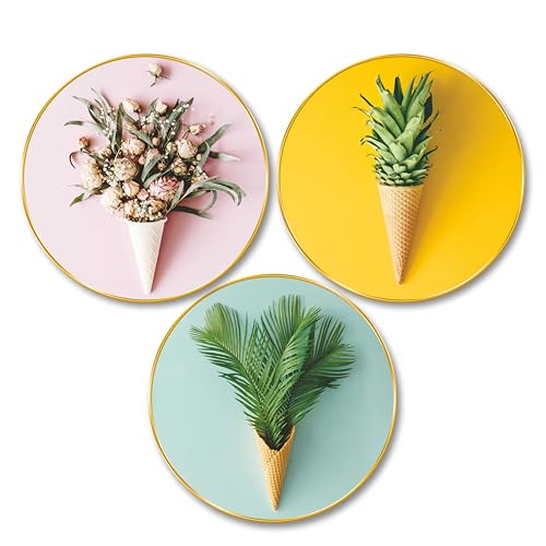 Image of SAF Livin'Luxe Premium Set Of 3 Round Botanical Ice Cream Cone Wall Art | Golden Frame MDF Wall Decor For Living Room, Kitchen, Cafe | Modern Floral & Fruit Theme Decorative Panels Painting 23 In