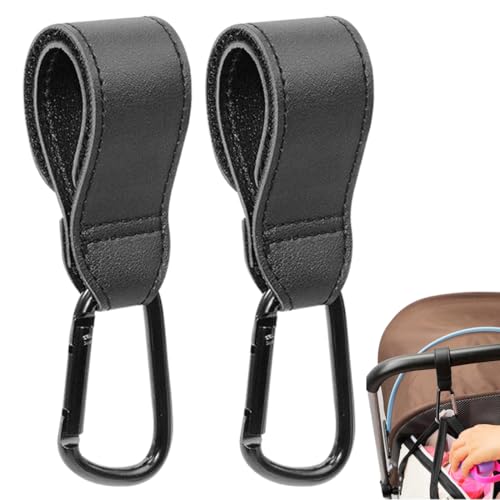 YAPKOLV 2 Ganchos de Cuero Negro, Gancho de Carrito de Bebé de Cuero para Bolsa de Pañales, Accesorios Universales para Carrito de Bebé, para Bolsas de la Compra, Mochilas y Bolsos (Negro)
