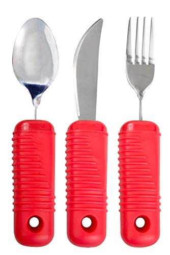 Essential Medical Supply Power of Red Adaptive Utensil Set - Bendable Fork, Spoon, and Rocker Knife with Large Soft Handles for Arthritis, Orthopedic Recover and Elderly Individuals