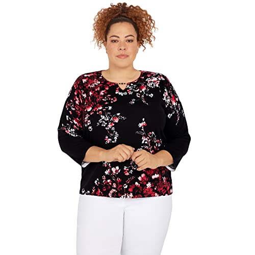Alfred Dunner Women's Plus-Size Asymmetric Floral Print Sweater Size 3X Black/Red #TOP23