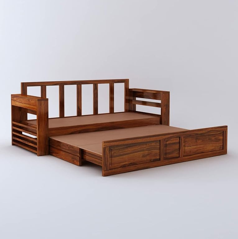 Image of Solid Sheesham Wood Sofa Cum Bed 2 Seater | Wooden Foldable Double Bed for Living Room with Headboard & Storage | Bed Cum Sofa with Mattress for Home | Dalla Design (Honey Finish)