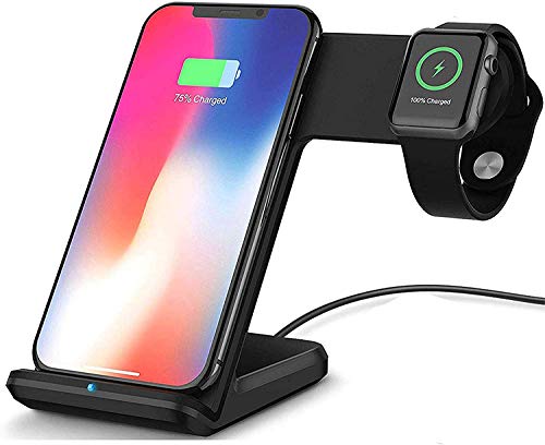 MQOUNY Wireless Charger,2 in1 in 1 Wireless Charger Stand,Charging Station Compatible with iWatch Series 5/4/3/2/1,Fast Wireless Charger Compatible with iPhone 8/X/XR,Samsung S10 All Qi Phones(Black)