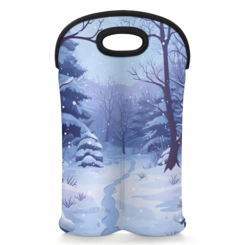 GzLeyigou 2 Bottles Winter Forest Wine Bag Sleeve Totes Neoprene Protective Wine Carrier Bag for Wine,Water, Champagne, Beer, Baby Bottles,Gift 14.5 x 10 Inches