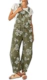 loveimgs Women Floral Print Denim Overalls Baggy Barrel Jeans Patchwork Denim Pants Y2k Straps Wide Leg Jumpsuit One Piece (Small,Green)