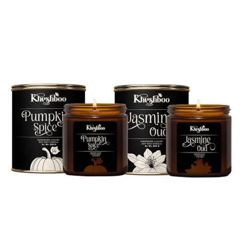 Image of Scented Soy Wax Candle Luxury Jar for Home Decor & Aromatherapy | Relaxing Aroma Candle | 200 Gm | 25+ Hours Burn Time | Smoke Free & Non-Toxic (Set of 2 Pumpkin Spice +Jasmine Oud)
