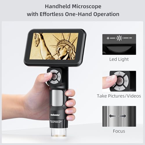 Andonstar AD115 Handheld Digital Microscope with 5\" Screen for Adults Kids, Portable Coin Microscope for Error Coins with Light, Flexible Boom Arm Stand for Electronics Soldering, Windows Mac